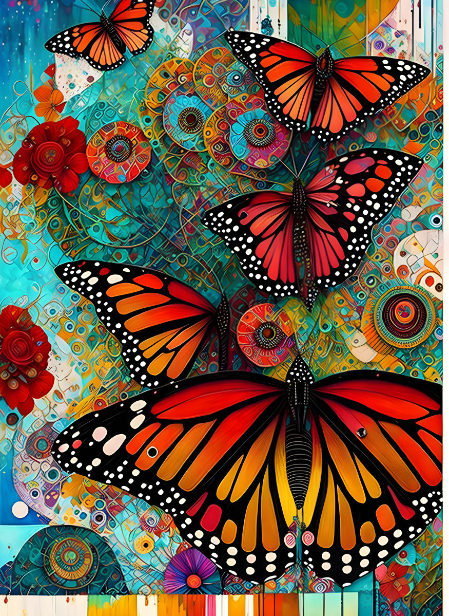 Colorful artwork of oversized monarch butterflies and floral patterns on blue backdrop