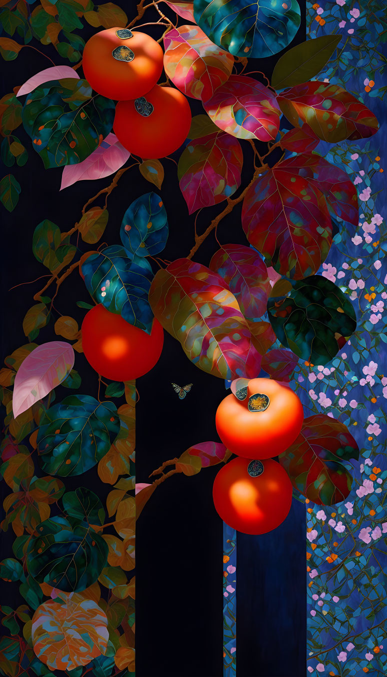 Colorful digital artwork: Ripe persimmons, flowers, butterfly