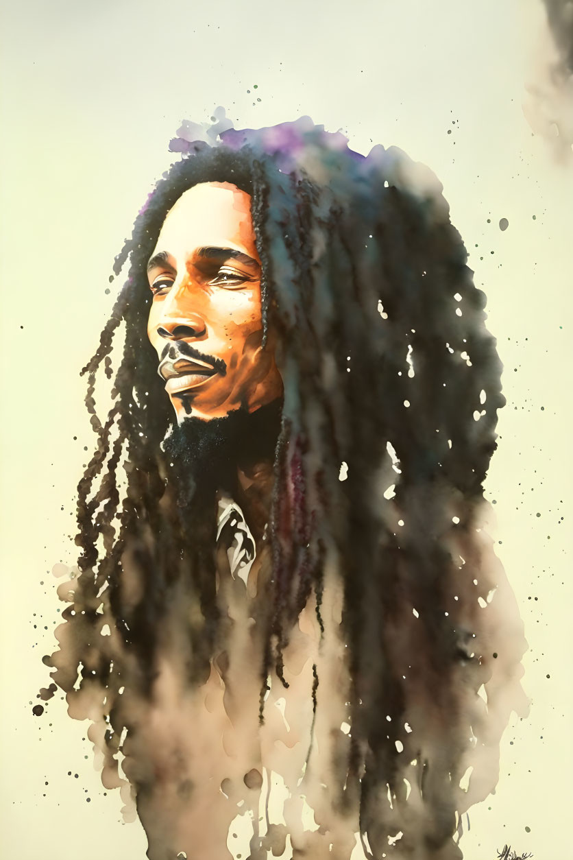 Person with Dreadlocks in Contemplative Pose: Watercolor Art with Warm Colors