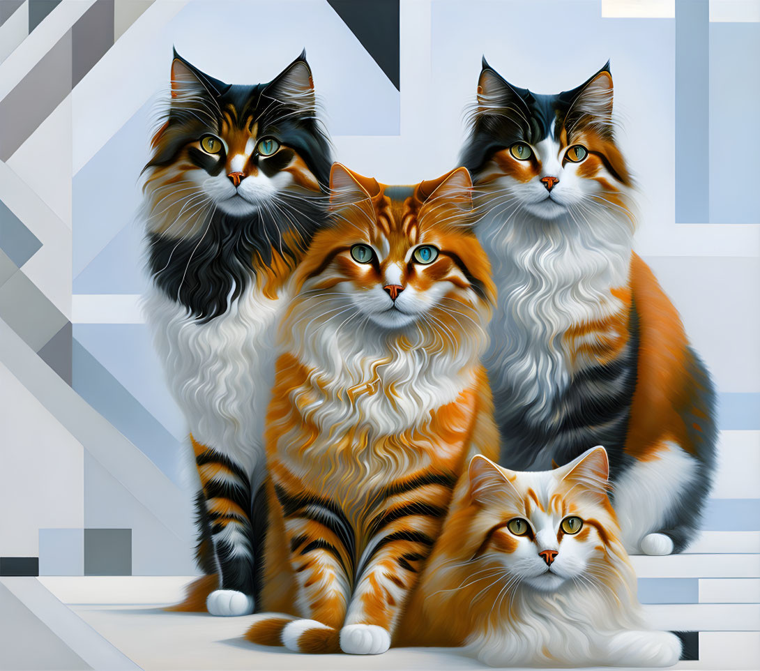 Four realistic cats with vibrant fur patterns on geometric background