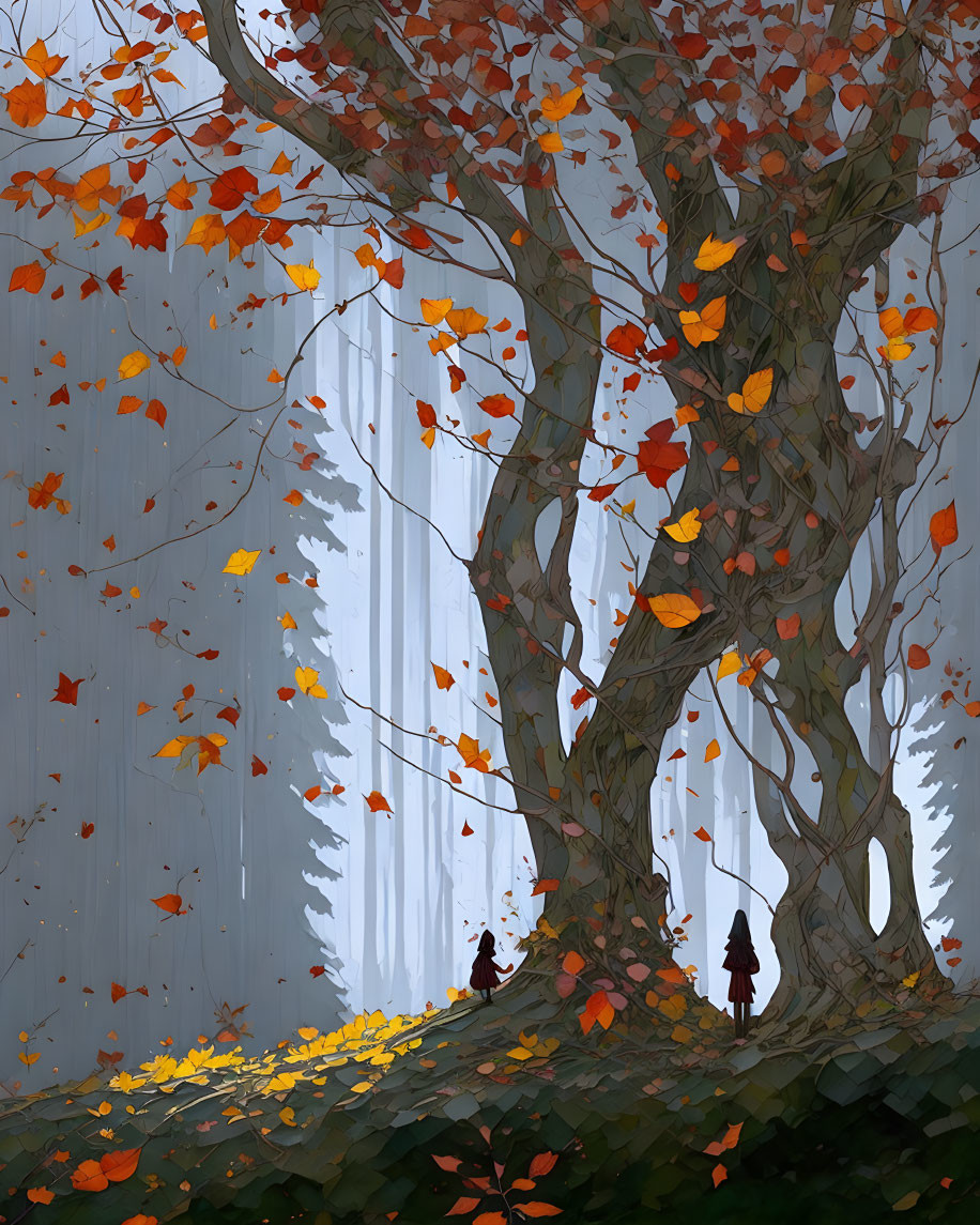 Serene forest scene with two individuals amidst falling autumn leaves