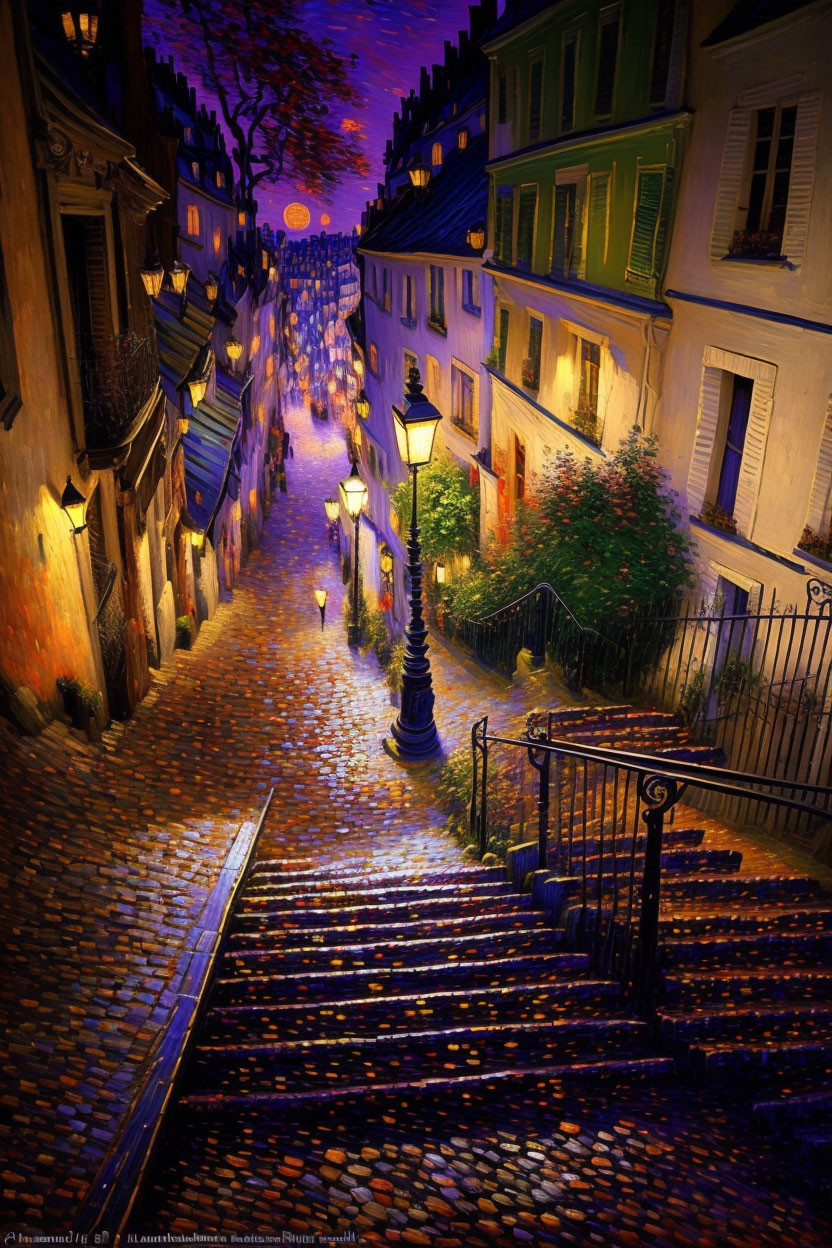 Cobblestone Street at Dusk with Glowing Streetlights