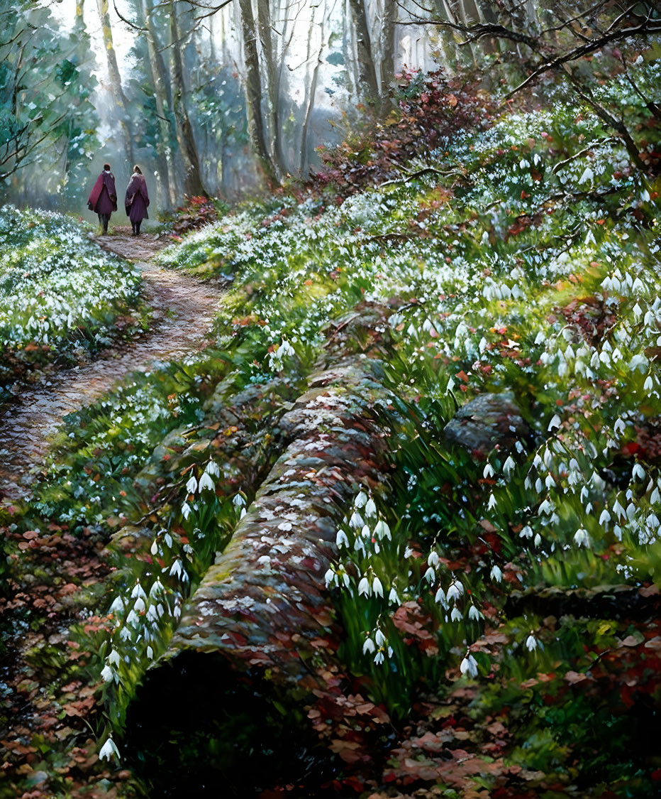 Snowdrop-lined forest path with two people walking and fallen log