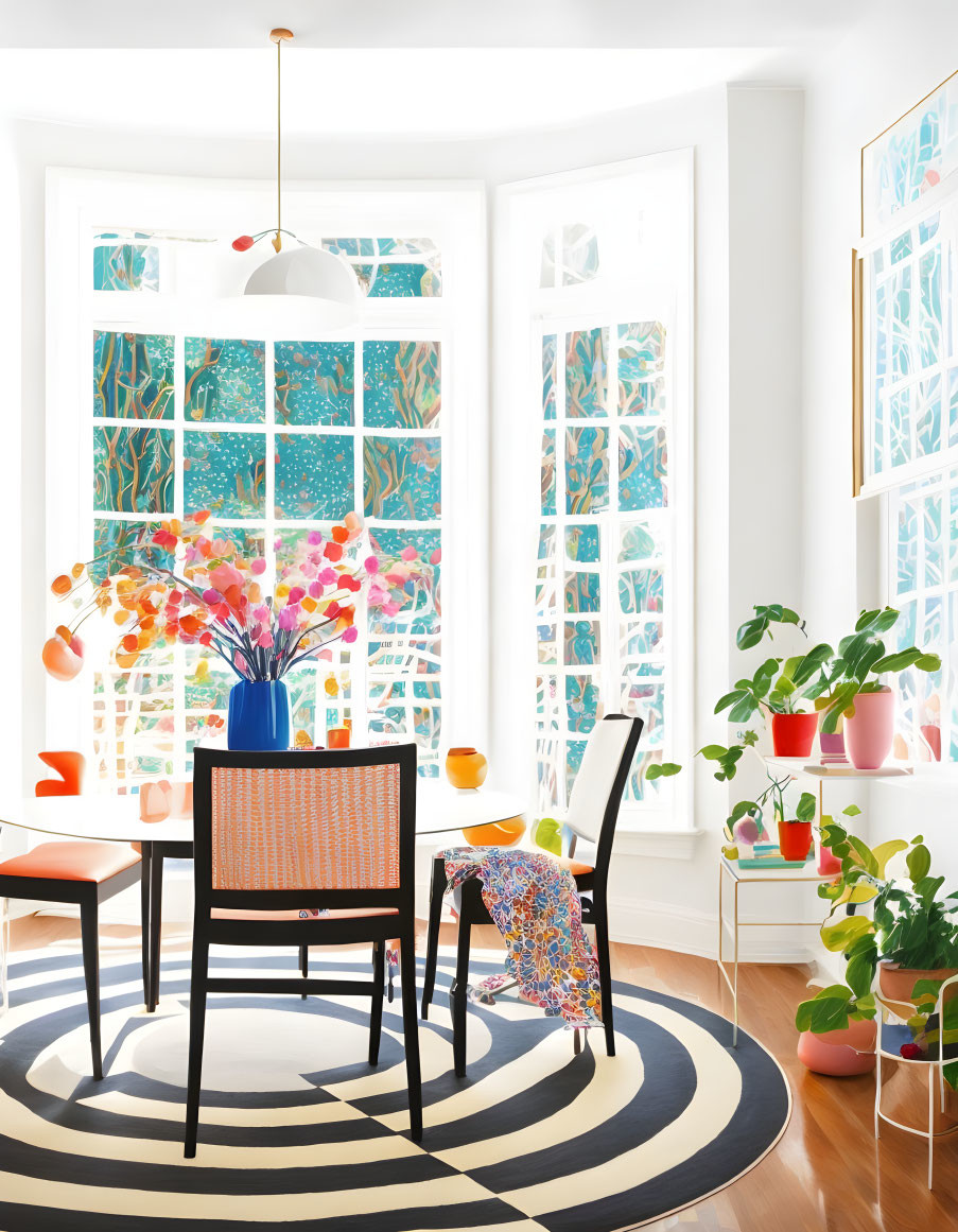 Modern dining room with black table, colorful chairs, flowers, patterned rug, blue panels, and