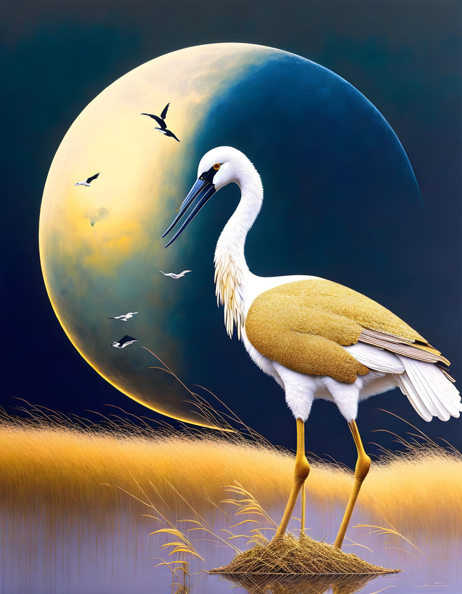 White egret in golden grass under large moon with flying birds