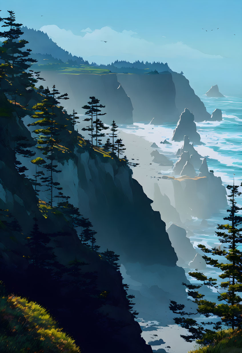 Serene Coastal Scene: Towering Cliffs, Evergreen Trees, Blue Sea