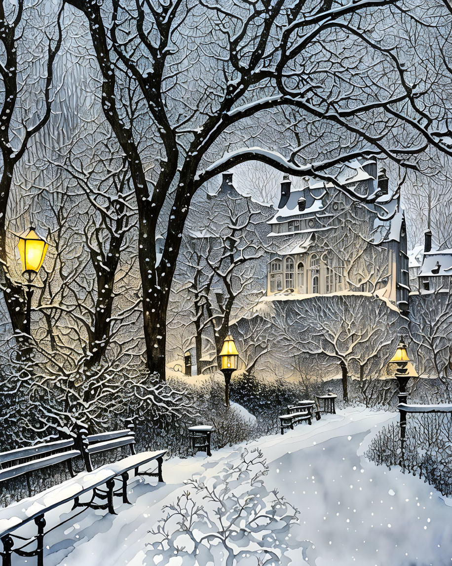 Winter scene: Snowy park, benches, street lamps, leafless trees, large house, twilight