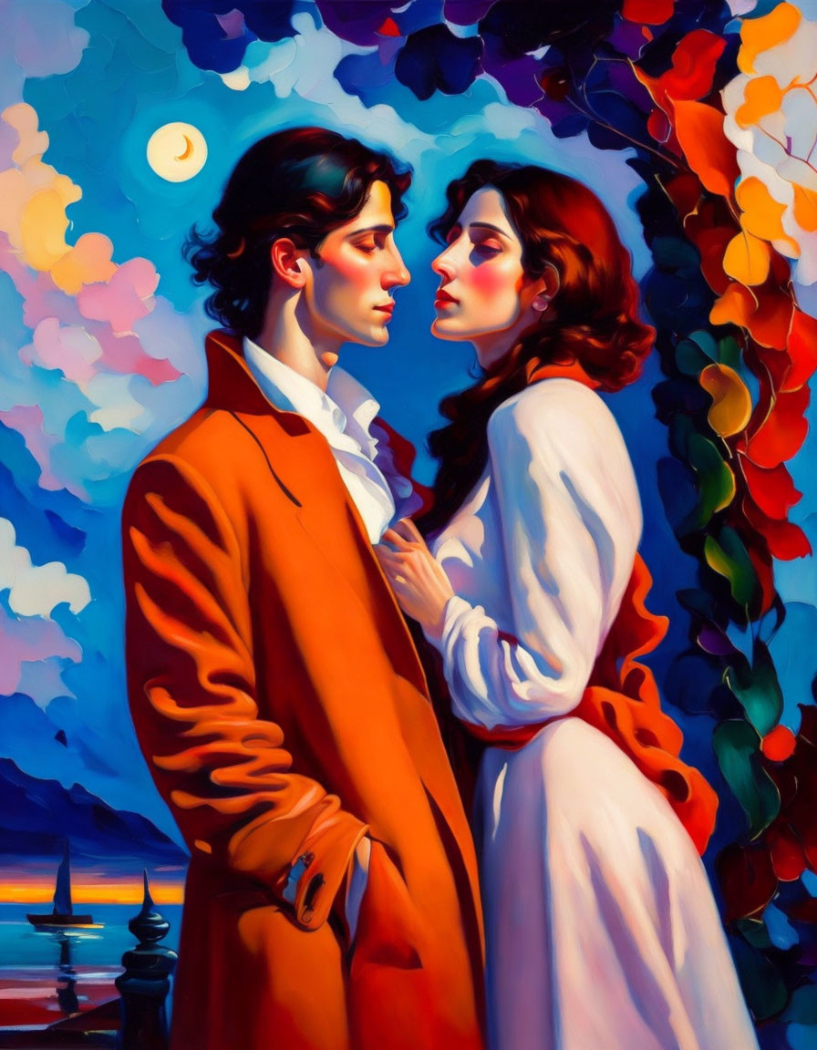 Romantic couple embracing under moonlit sky with colorful foliage and serene lake