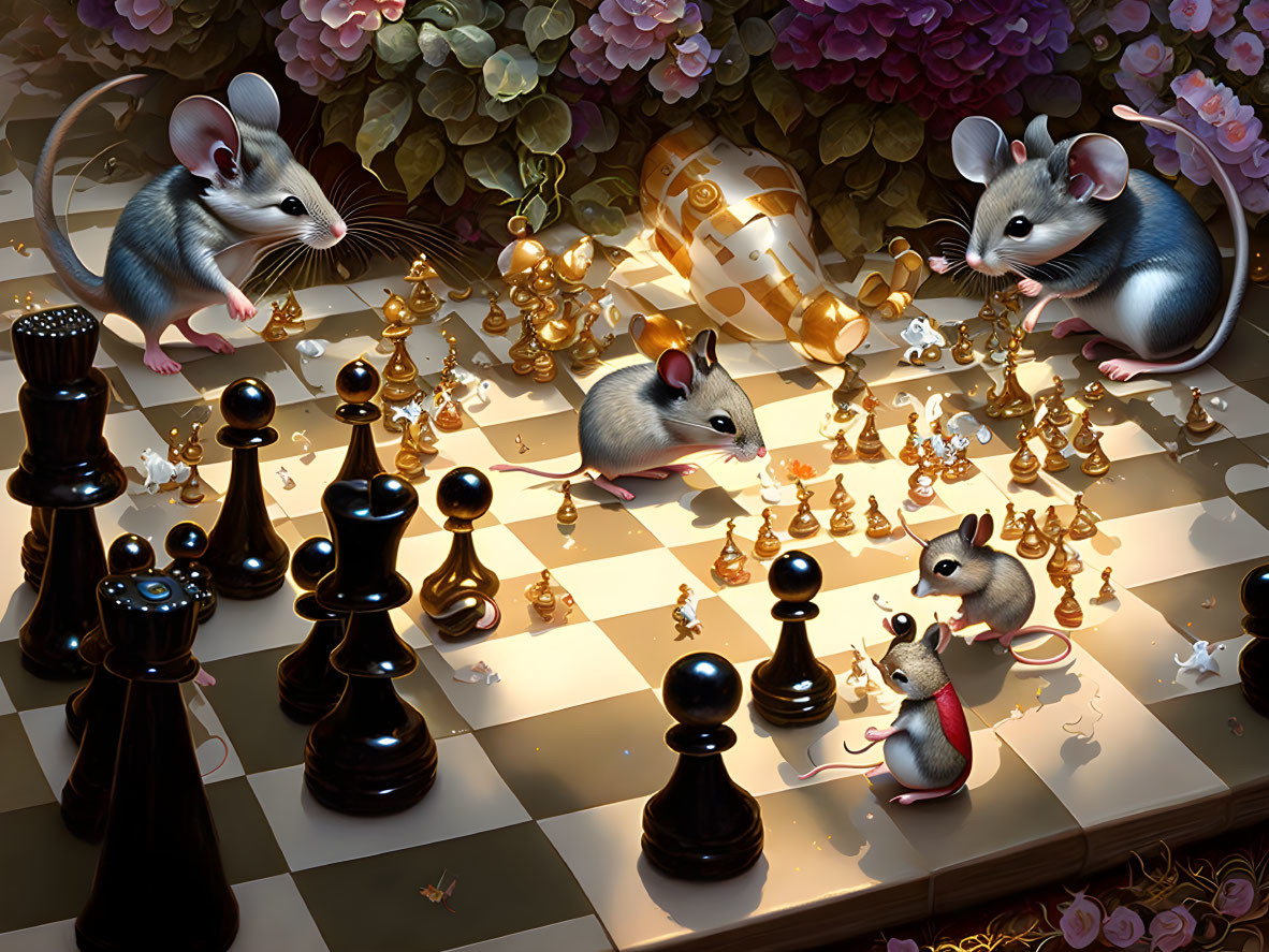 Miniature mice playing chess in a flower bed under soft lighting