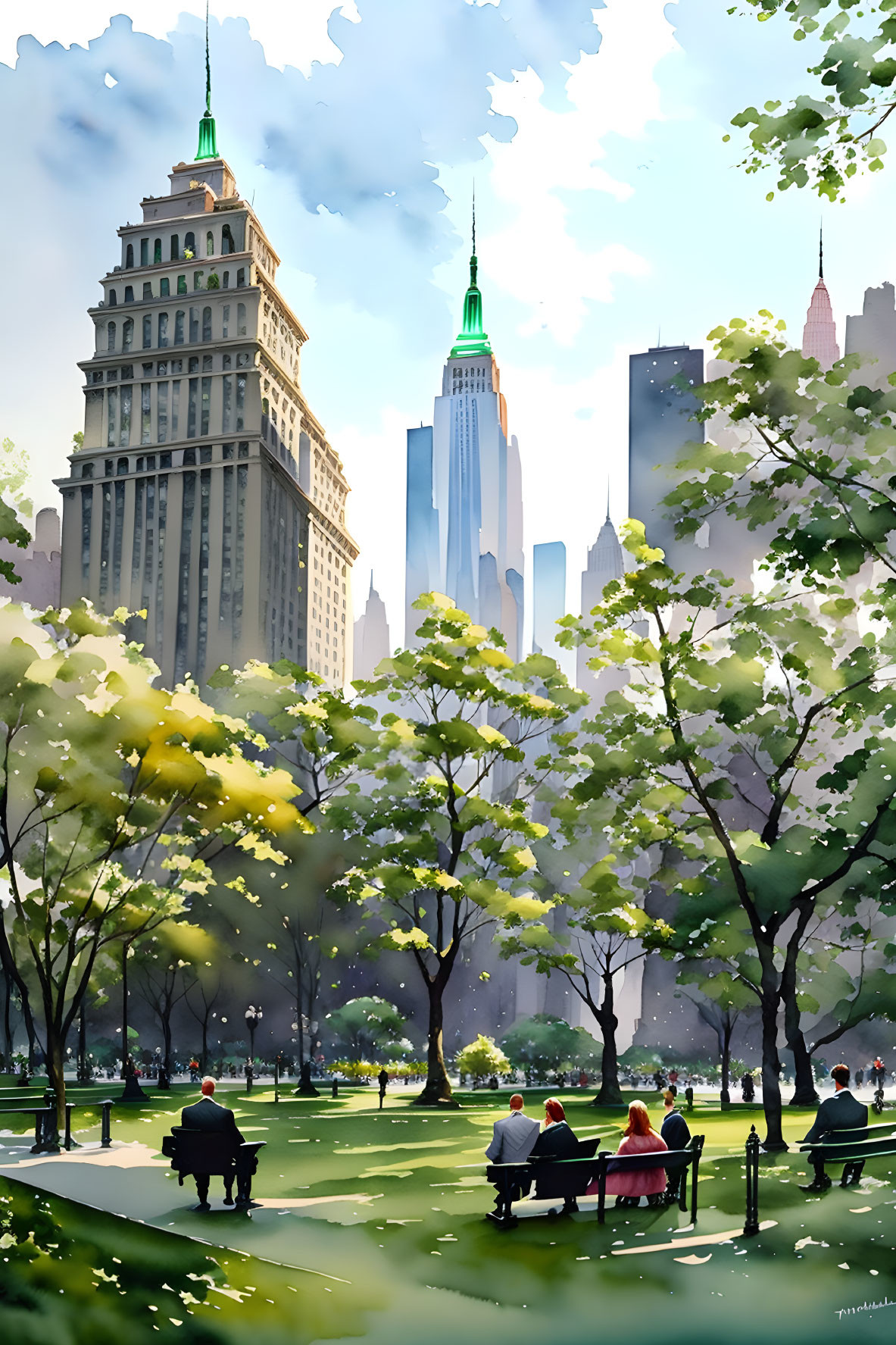 Urban park with people, trees, skyscrapers under clear sky