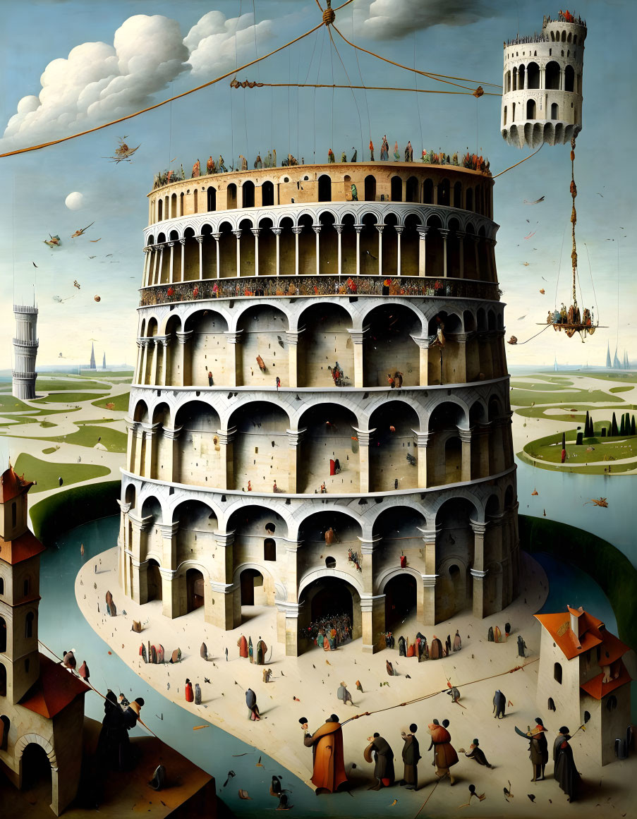 Surreal artwork featuring colossal Colosseum-like structure and iconic buildings.