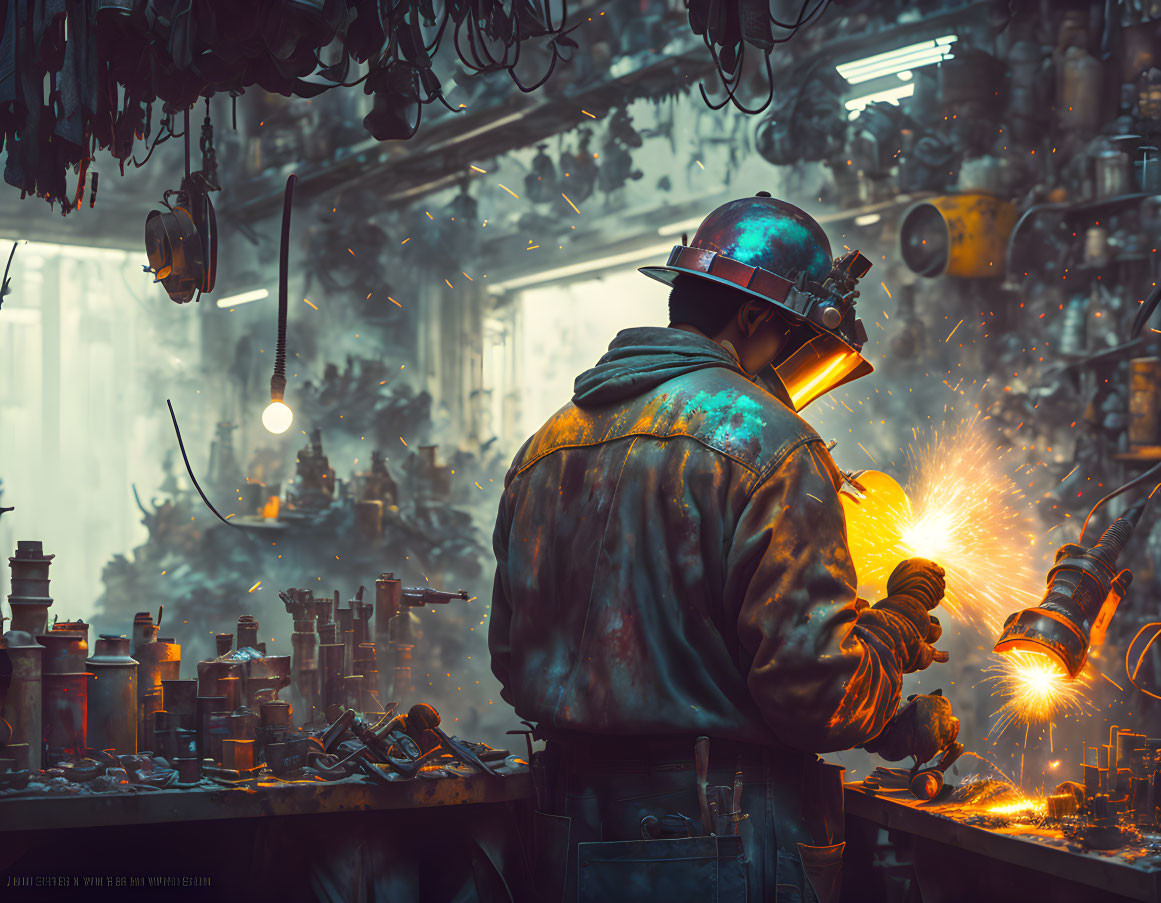 Cluttered workshop with welder and sparks