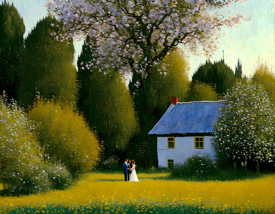 Couple in Sunny Field Near Blue-Roofed House surrounded by Lush Trees and Flowers