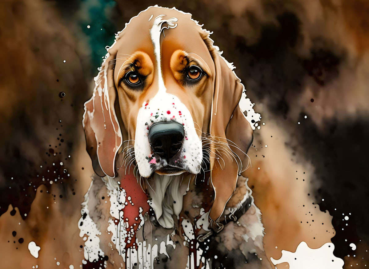 Beagle close-up in digital art with watercolor backdrop