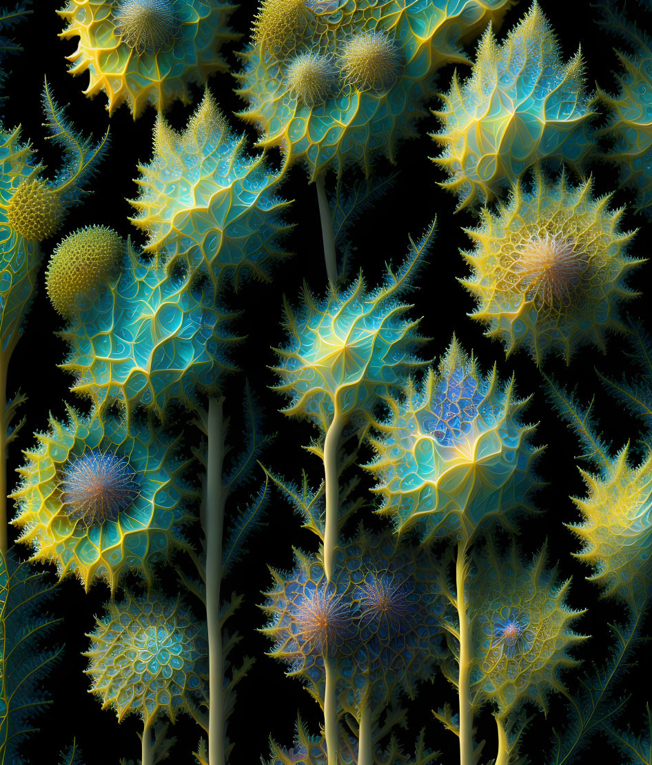 Intricate blue and yellow fractal plant structures on black background