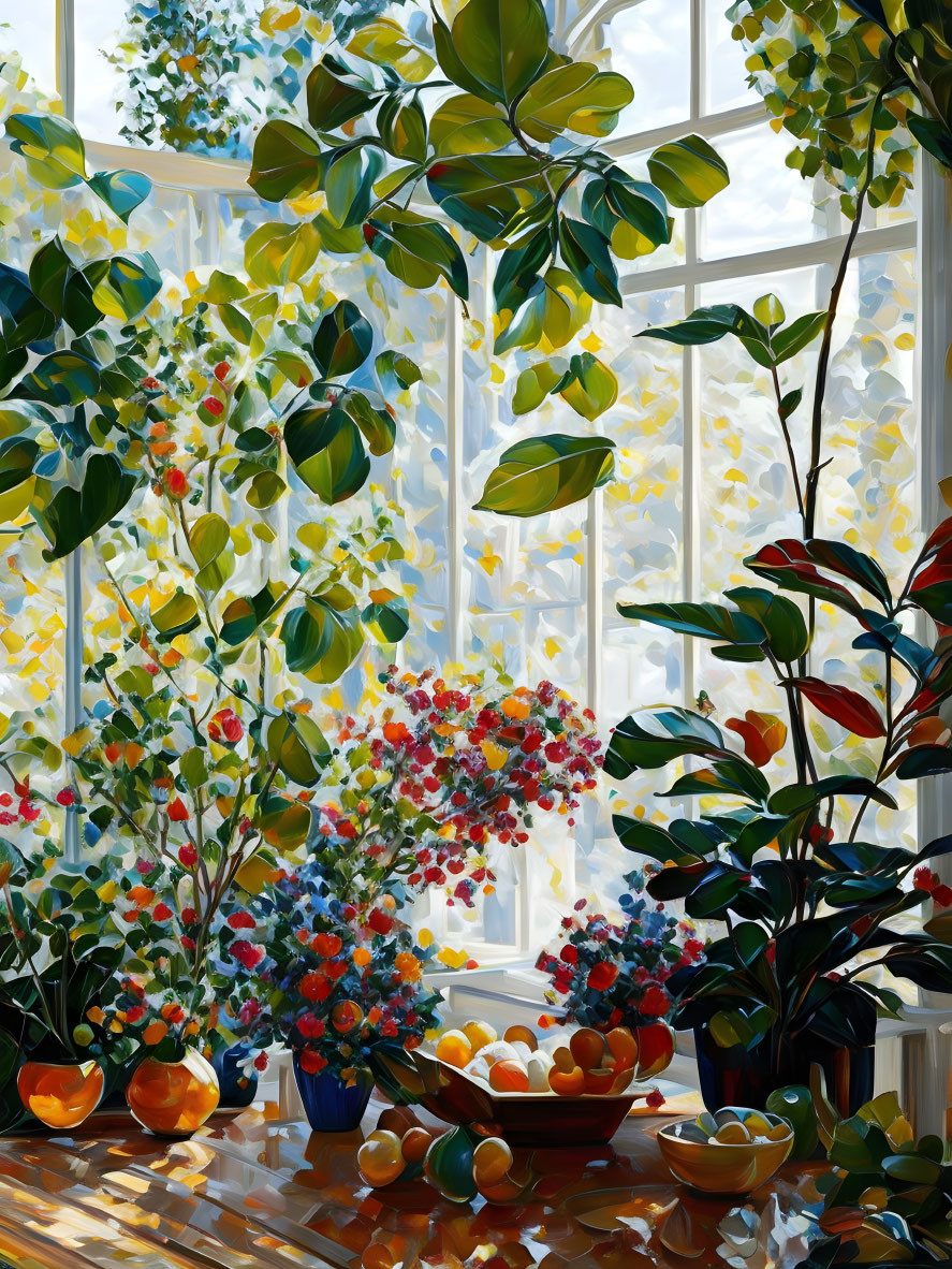 Colorful sunlit room with greenery, flowers, and citrus fruits.