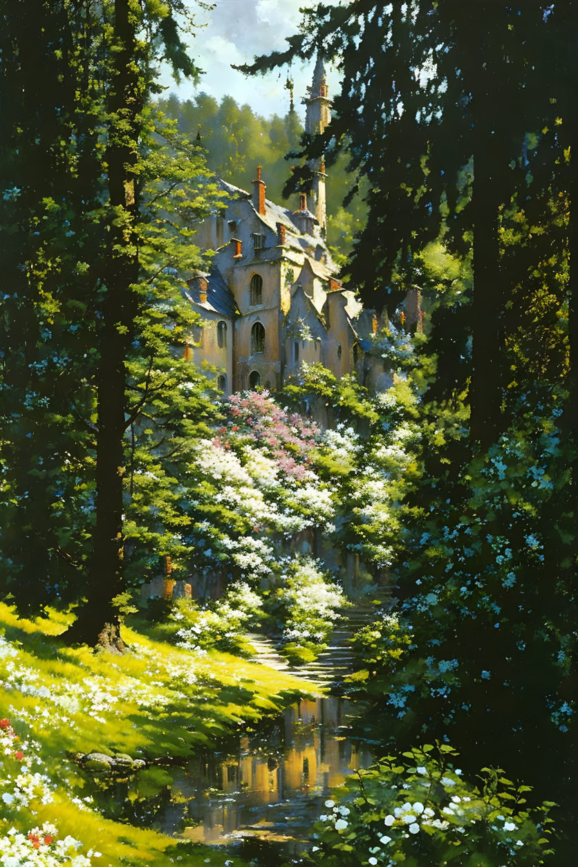 Ornate castle in lush forest with blooming flowers and tranquil stream