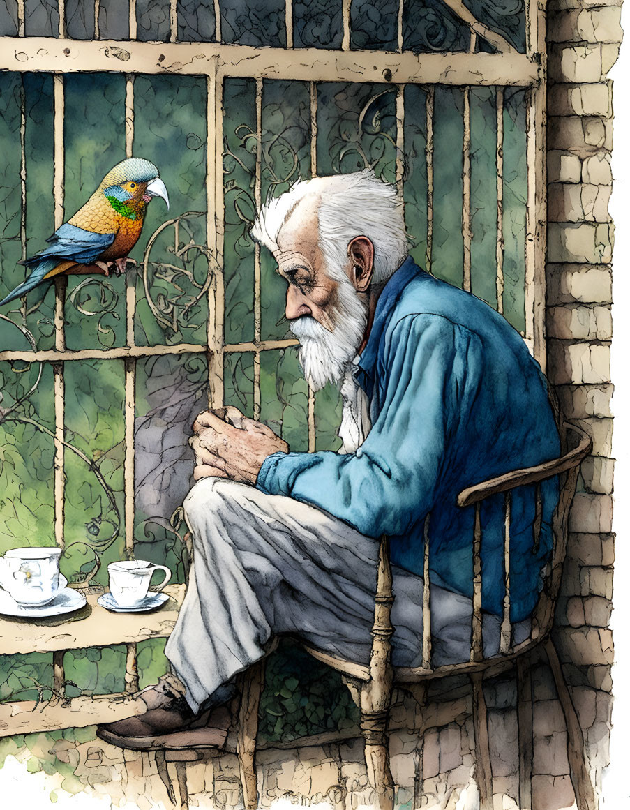 Elderly man in blue shirt and grey pants sits by window with colorful parrot