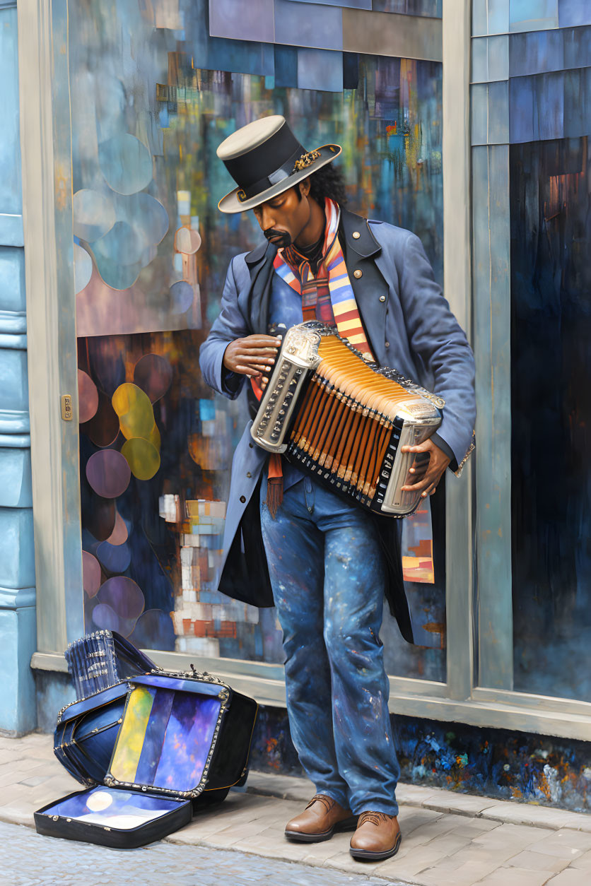 Street musician plays accordion in front of colorful mural