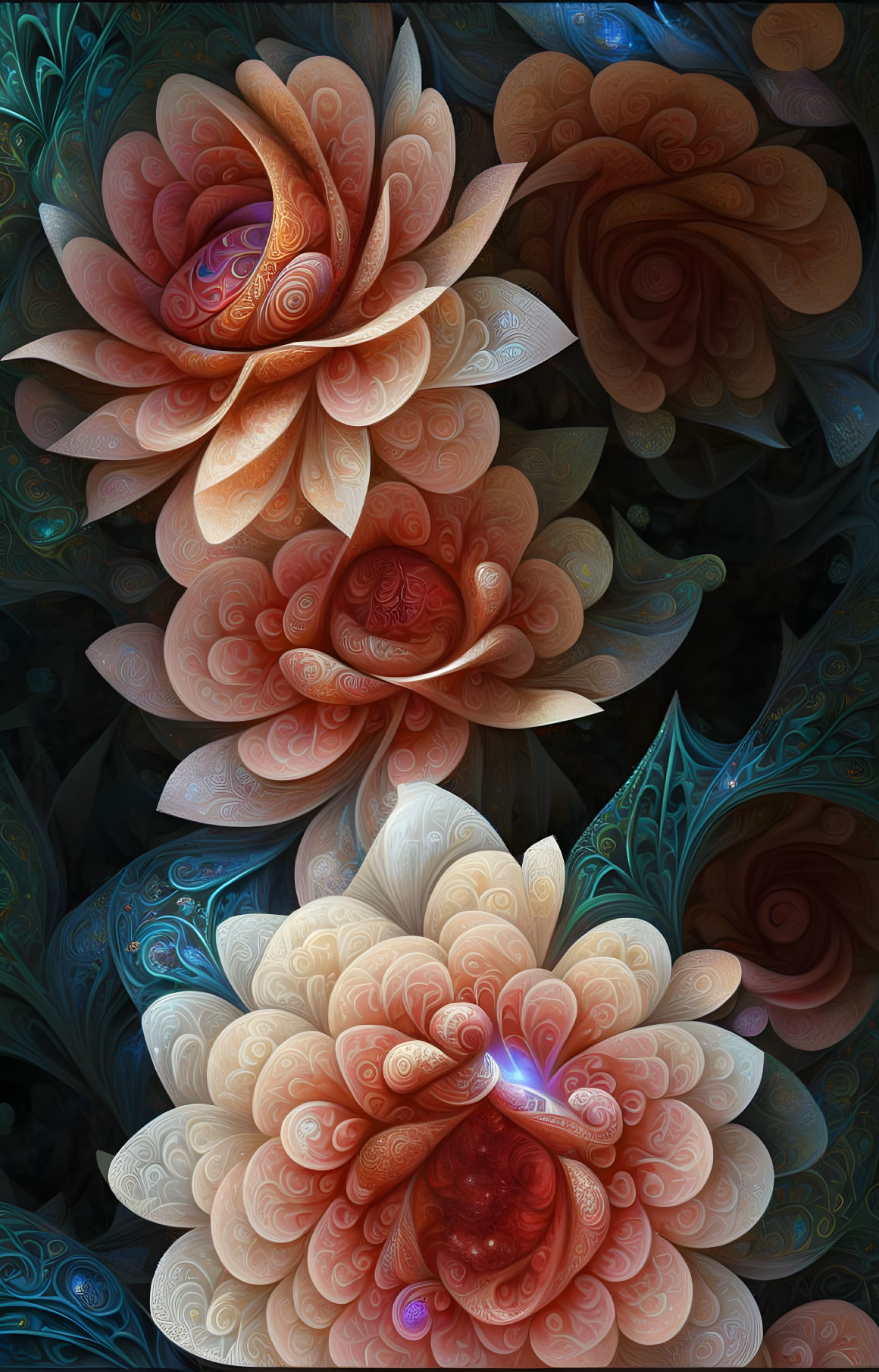 Stylized fractal flowers in warm colors on textured background