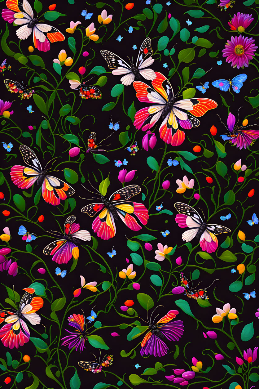 Colorful Butterflies and Flowers on Dark Background: Vibrant Nature Pattern