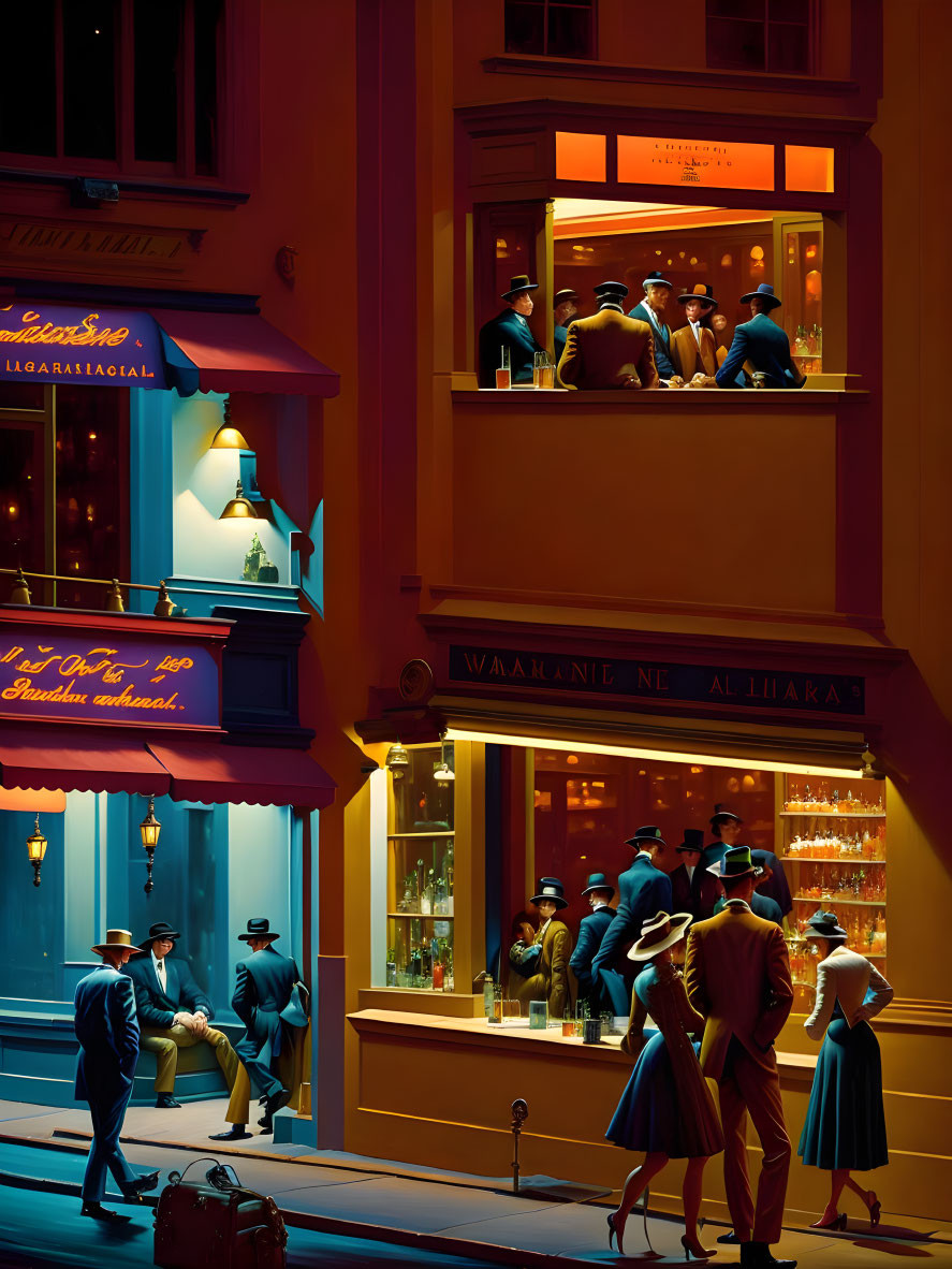 Night scene outside a warmly lit bar with stylishly dressed people under a blue dusk sky