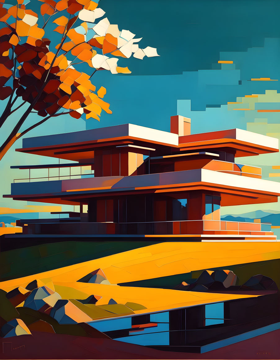 Modern house with flat roofs & autumn trees in geometric style