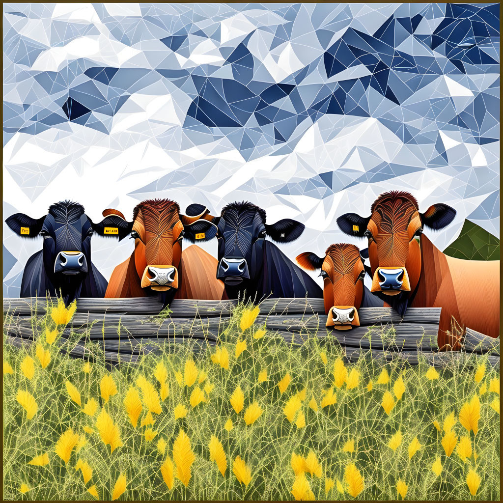 Geometric cow illustration with fence, sky pattern, and yellow flowers.