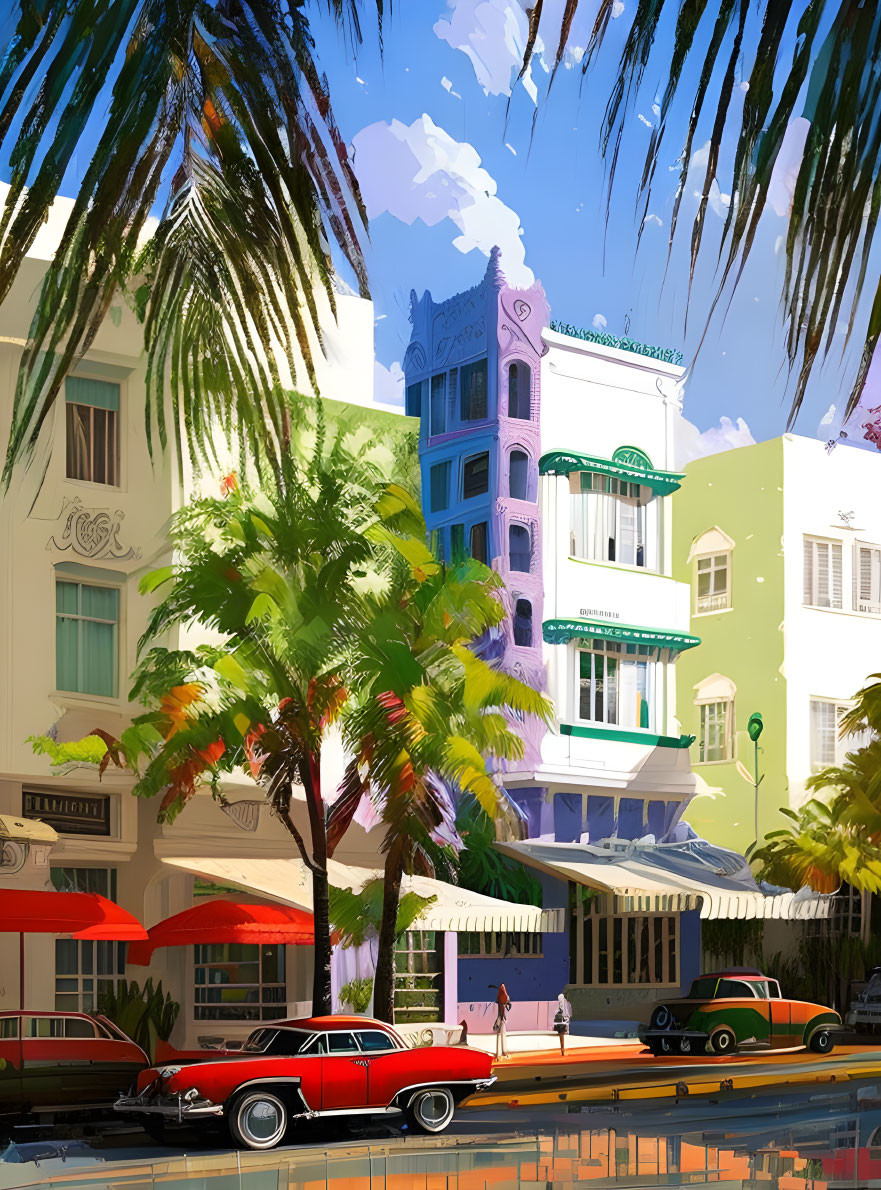 Vibrant art deco cityscape with palm trees and vintage cars.