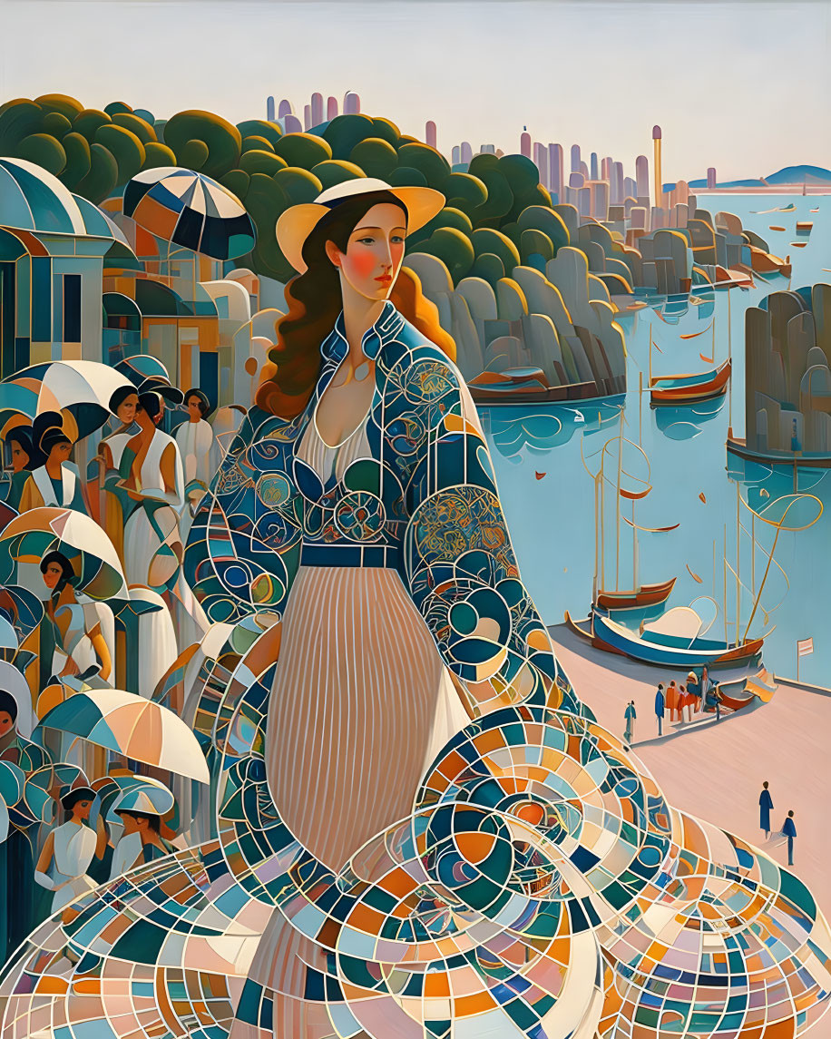 Stylized painting of woman in patterned dress at harbor with boats and city skyline