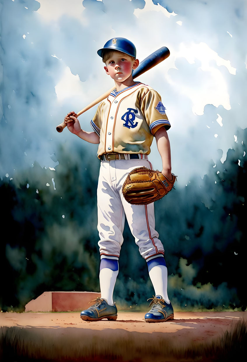 Confident young baseball player in uniform on field with bat and glove