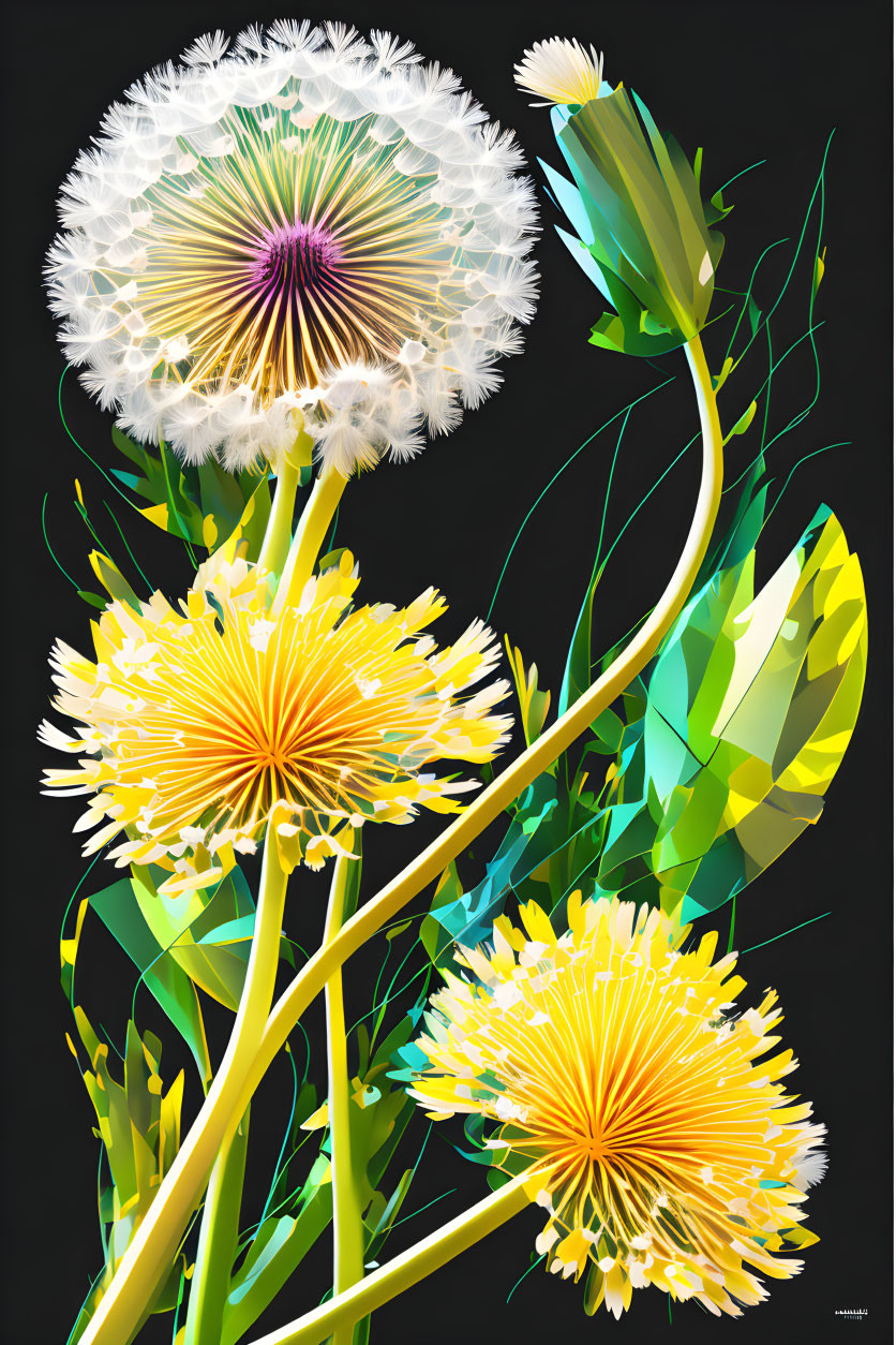 Detailed Digital Art: Stylized Dandelions in Bloom on Dark Background