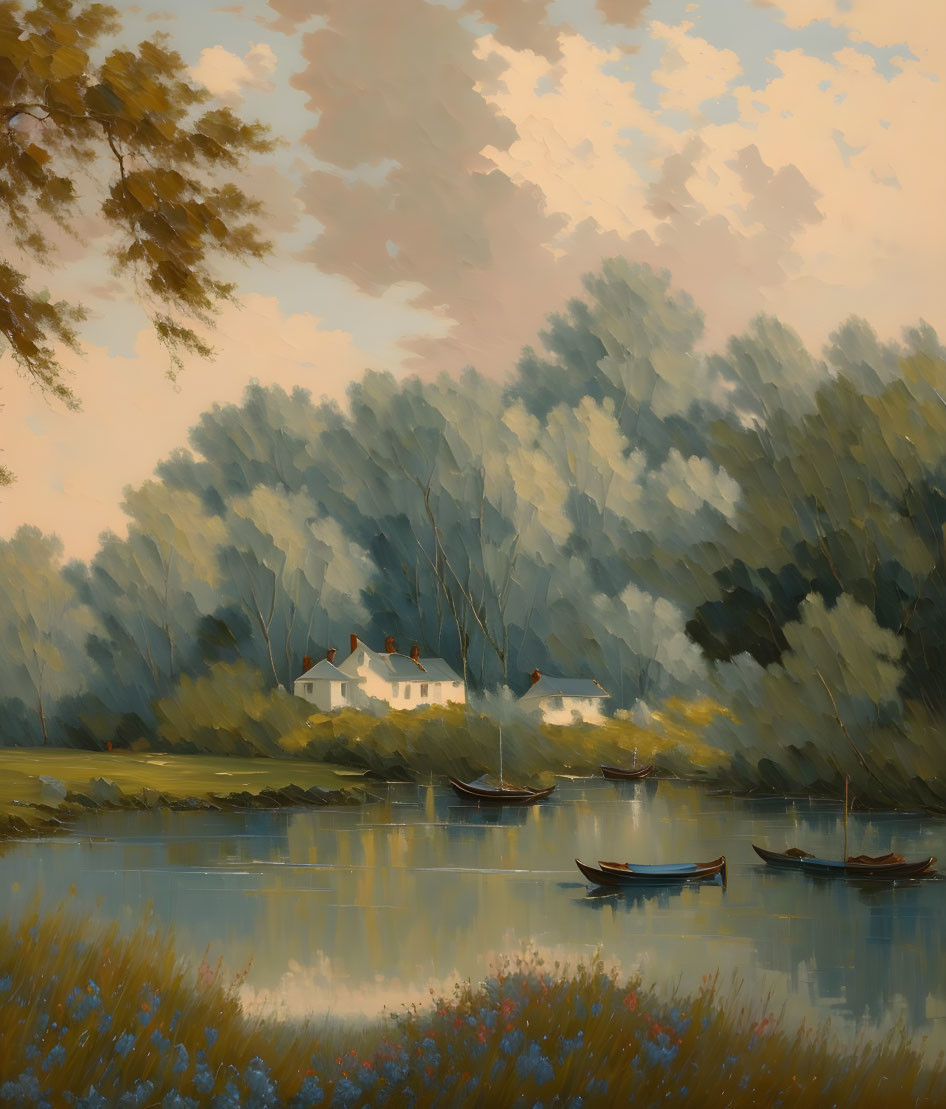 Tranquil landscape painting of serene river, boats, leafy bank, white house, and warm