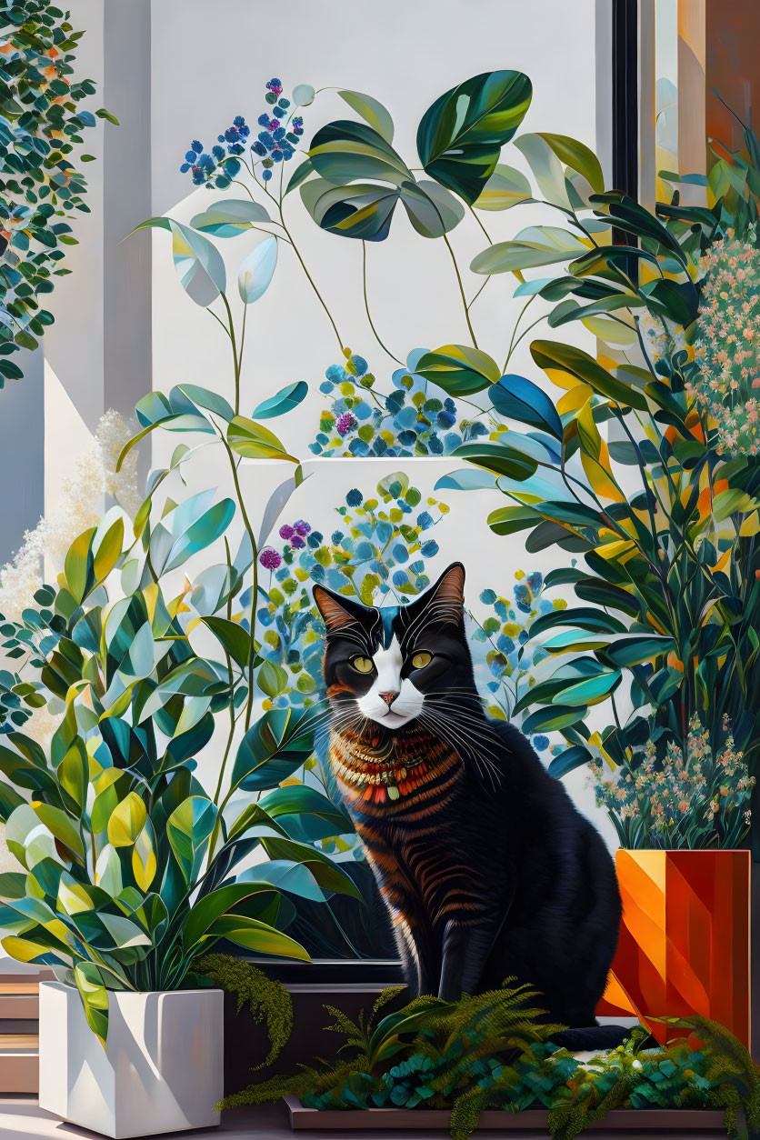 Black and white cat by colorful flowers in sunlit room