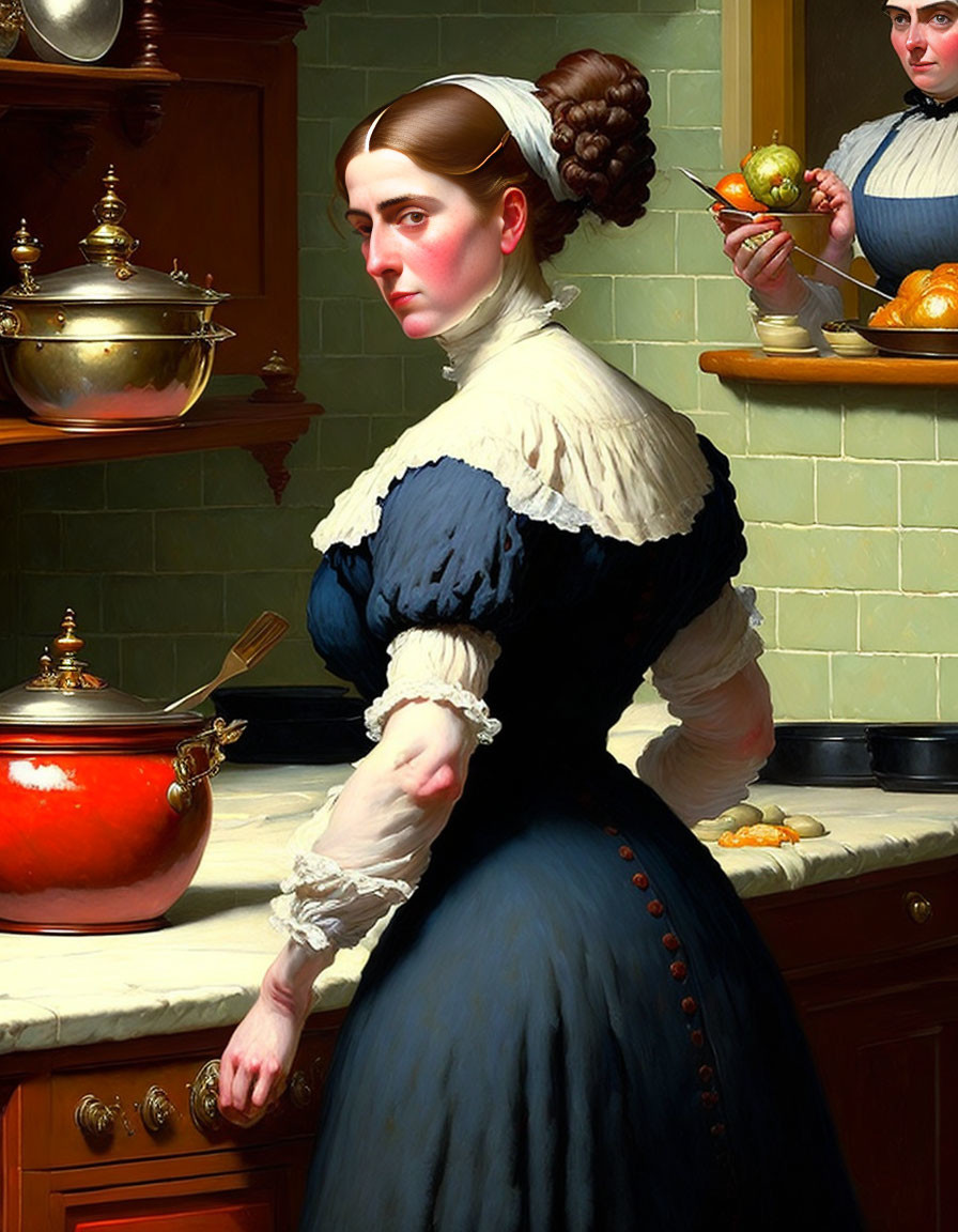 Victorian-era woman in blue dress holding fruit in kitchen setting