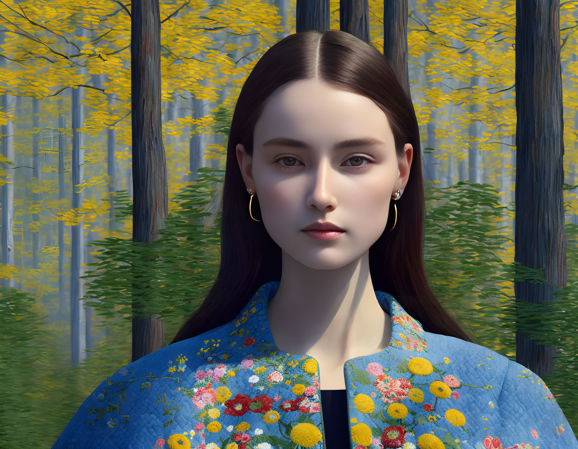 Digital portrait of young woman in blue floral outfit against yellow autumn forest