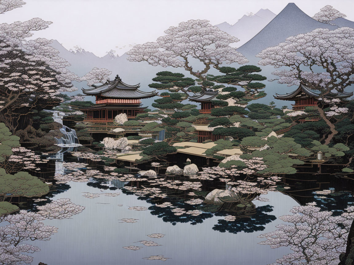 Japanese Pagoda Roofs, Cherry Trees, Pond, Mountain Backdrop