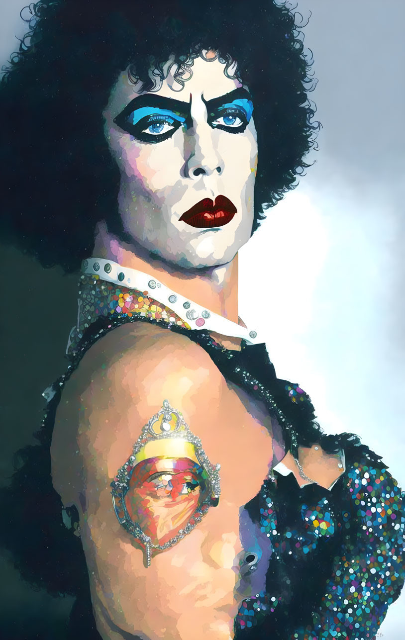 Vibrant portrait of person in dramatic makeup and sequined costume