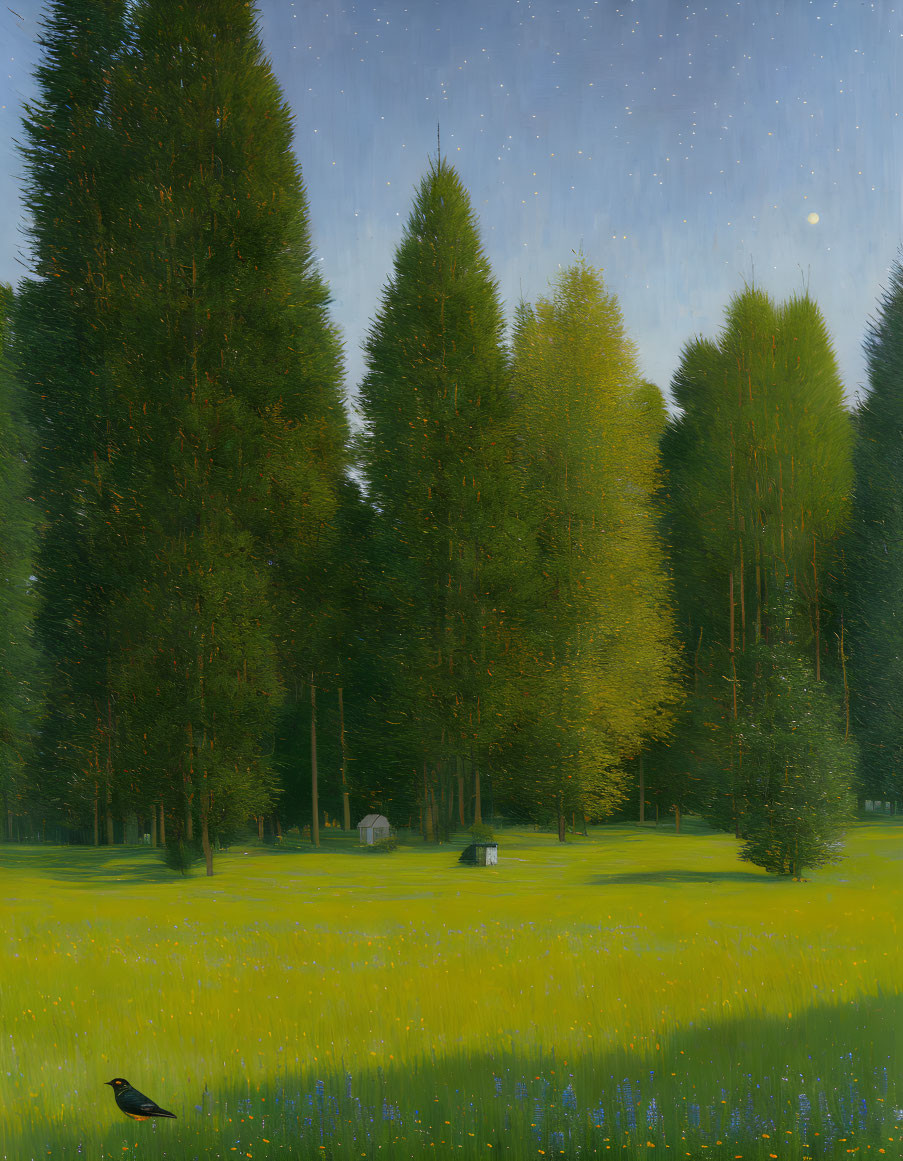 Tranquil painting of tall trees, meadow, bird, and firefly-like specks