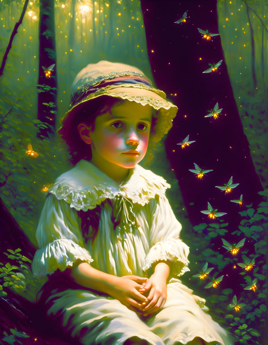 Child in Vintage Clothing Contemplating in Enchanted Forest