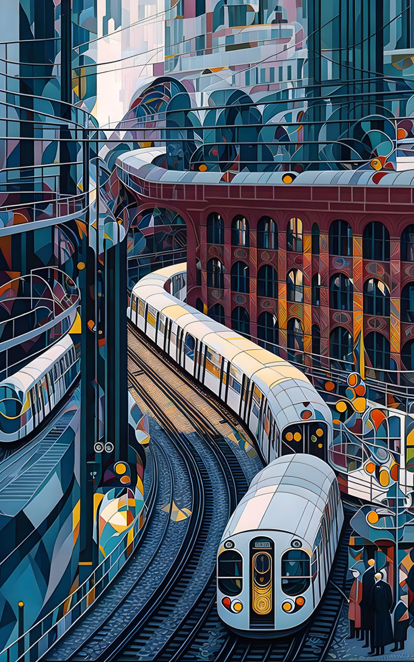 Colorful Cityscape Illustration: Two Trains on Curving Tracks