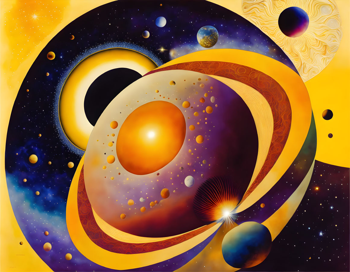 Colorful Surrealist Painting of Celestial Bodies and Cosmic Harmony