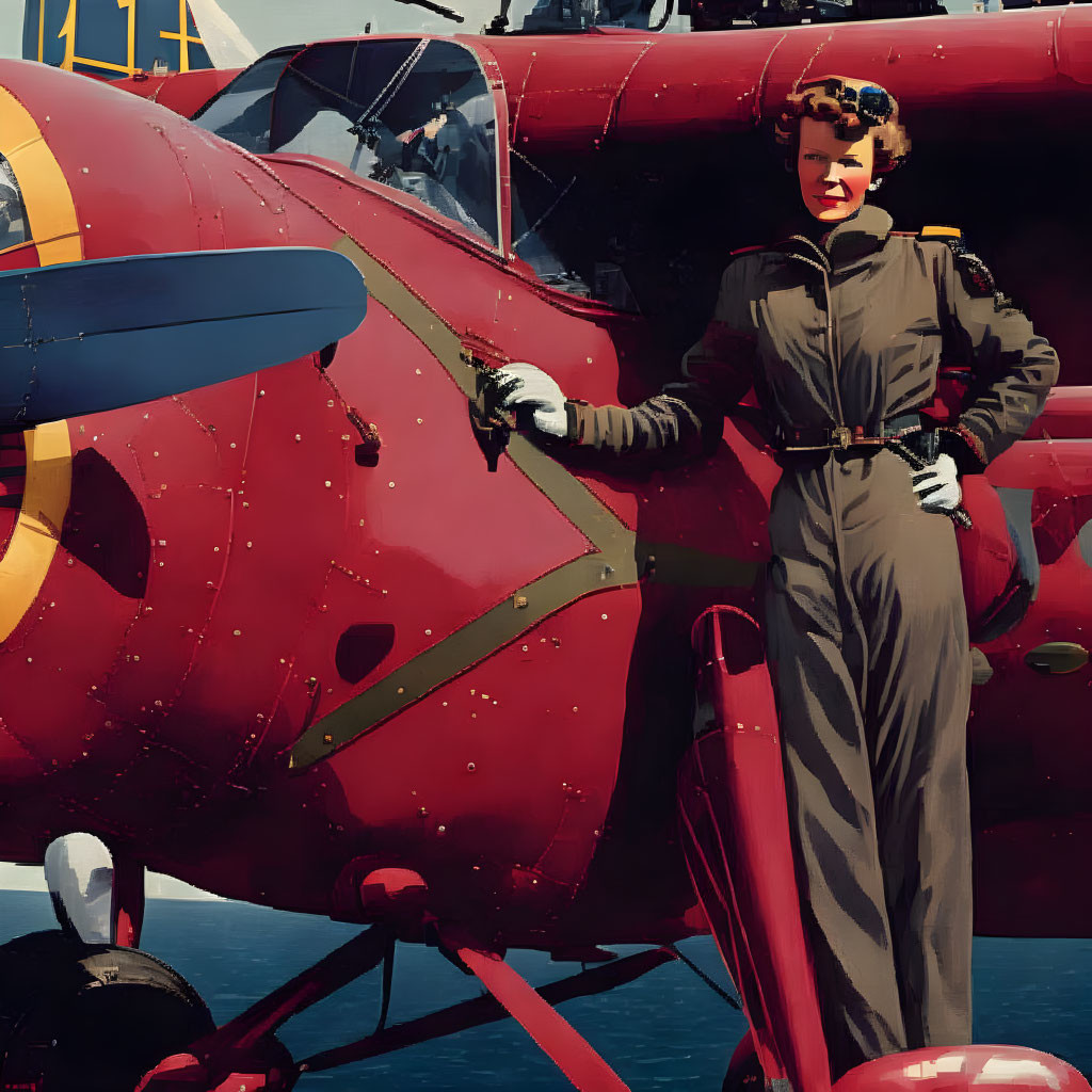 Vintage Illustration: Woman in Pilot's Outfit by Red Propeller Plane