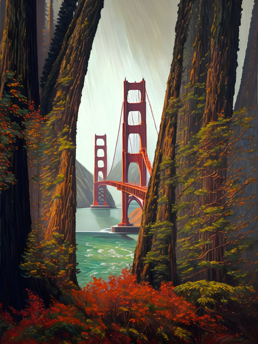 Stylized painting of Golden Gate Bridge framed by autumn trees