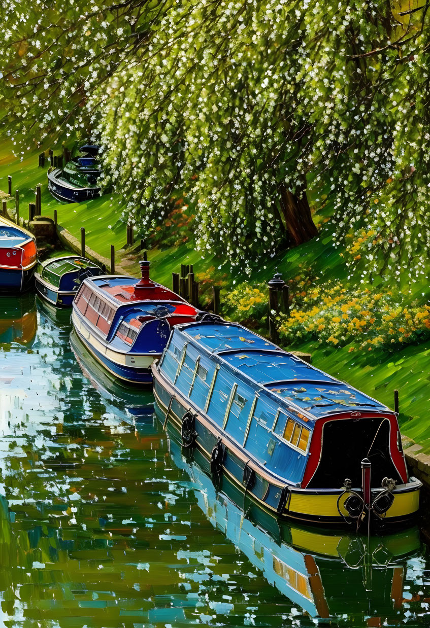 Tranquil canal scene with moored narrowboats and blossoming tree