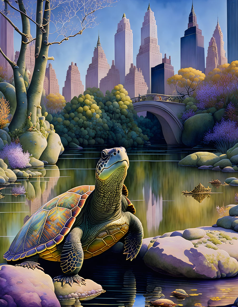 Turtle on Rock with Cityscape Reflection in Pond