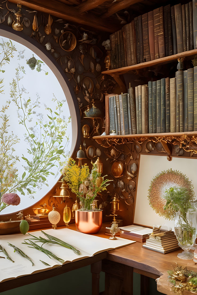 Vintage cozy study space with wooden bookshelf, round mirror, desk with plants and old books.