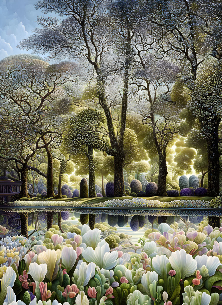 Fantastical landscape with glowing orbs, lush trees, blooming flowers, and serene pond