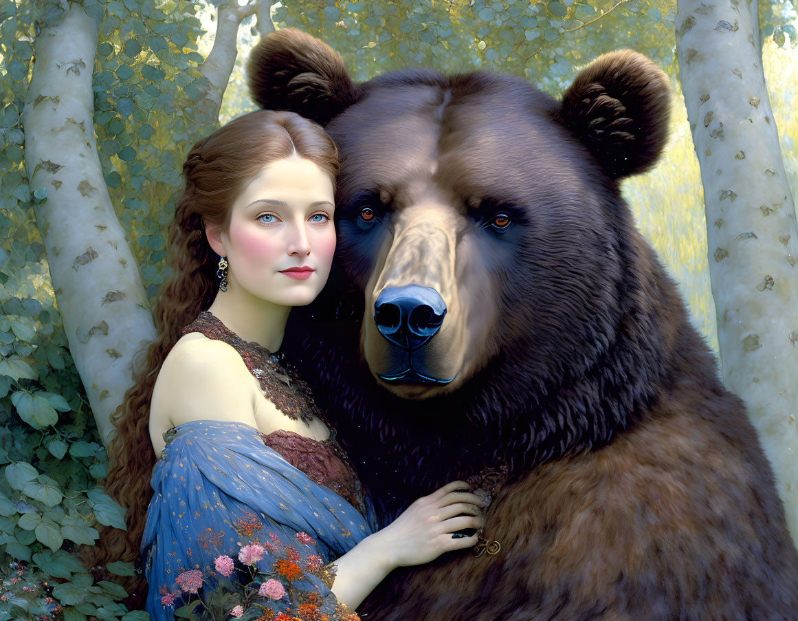 Woman in Blue Dress with Brown Bear in Forest Setting