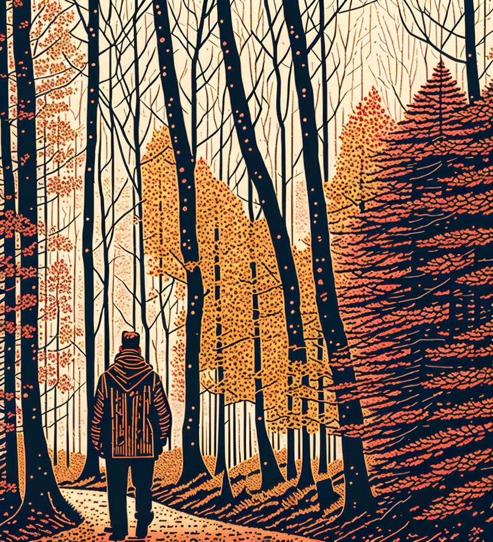 Person in Striped Jacket Walking in Autumn Forest with Bare Trees